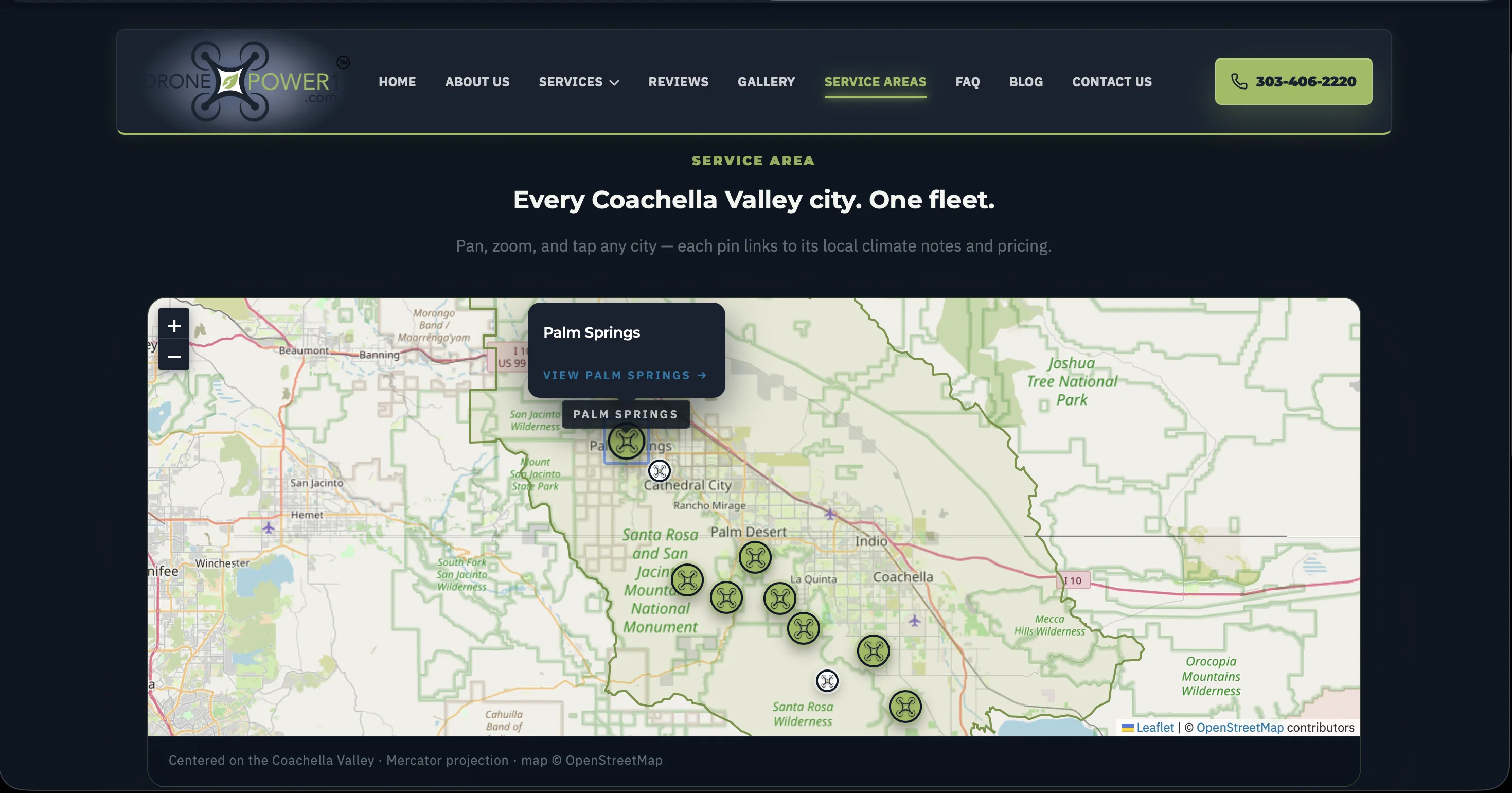 DronePower1 Coachella Valley service area map with city pins