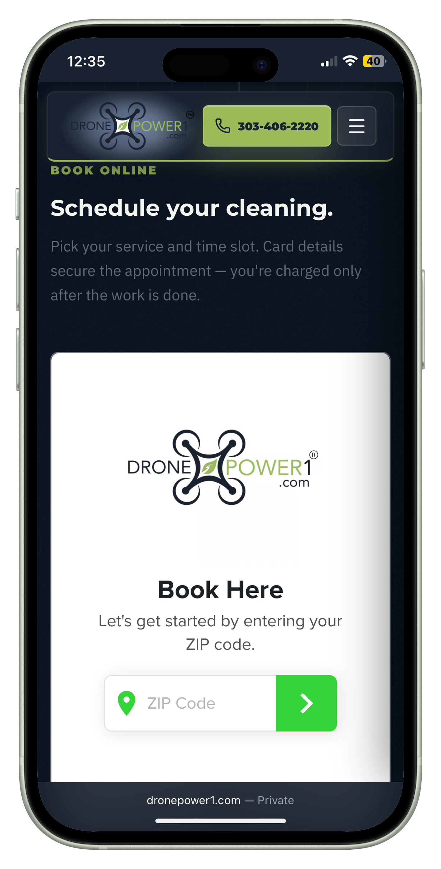 DronePower1 Zenbooker booking embed on iPhone