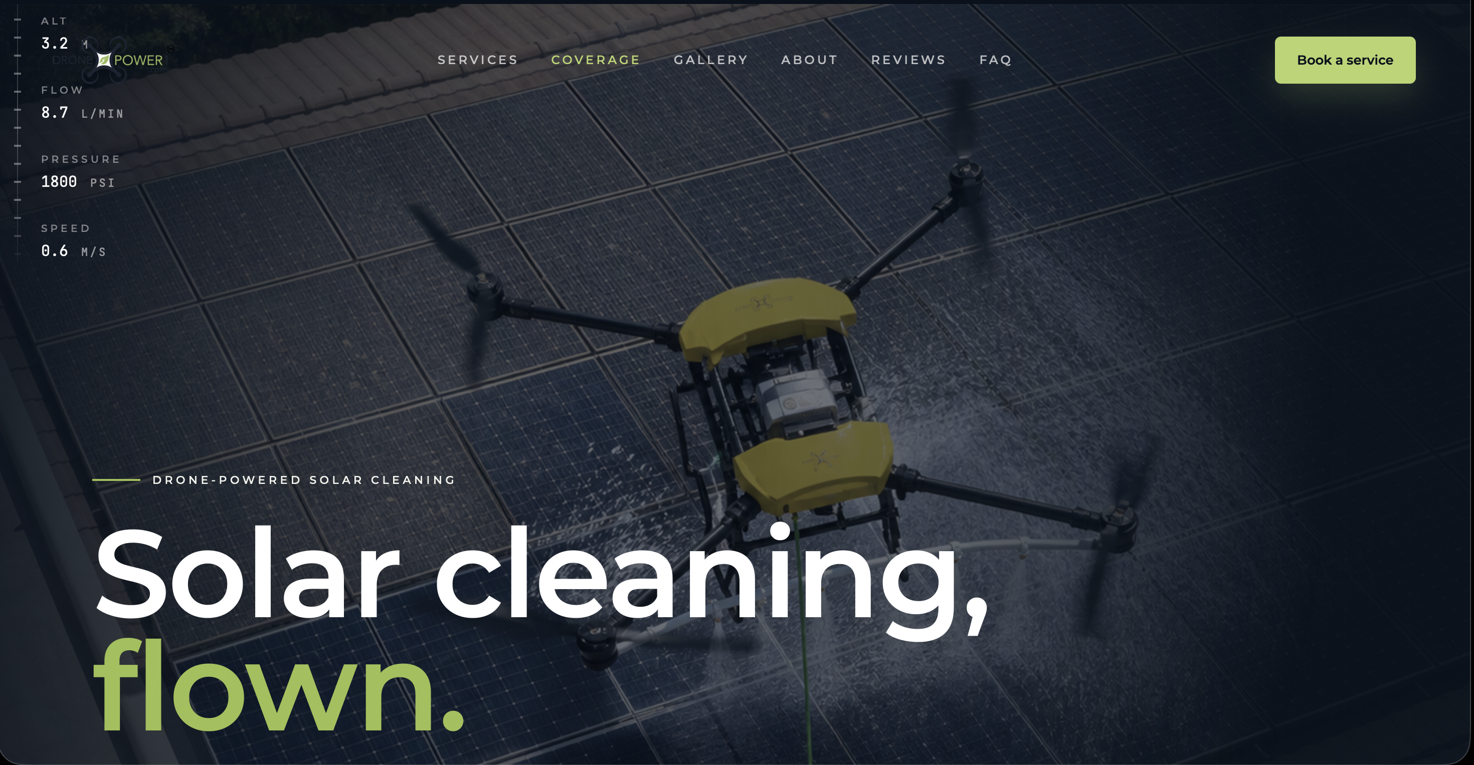 DronePower1 hero concept with drone cleaning over solar panels