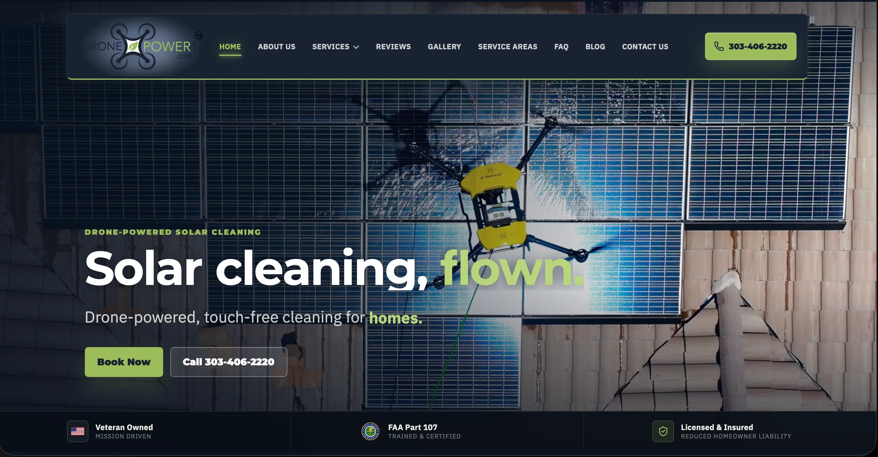 DronePower1 homepage hero with solar panels and cleaning drone