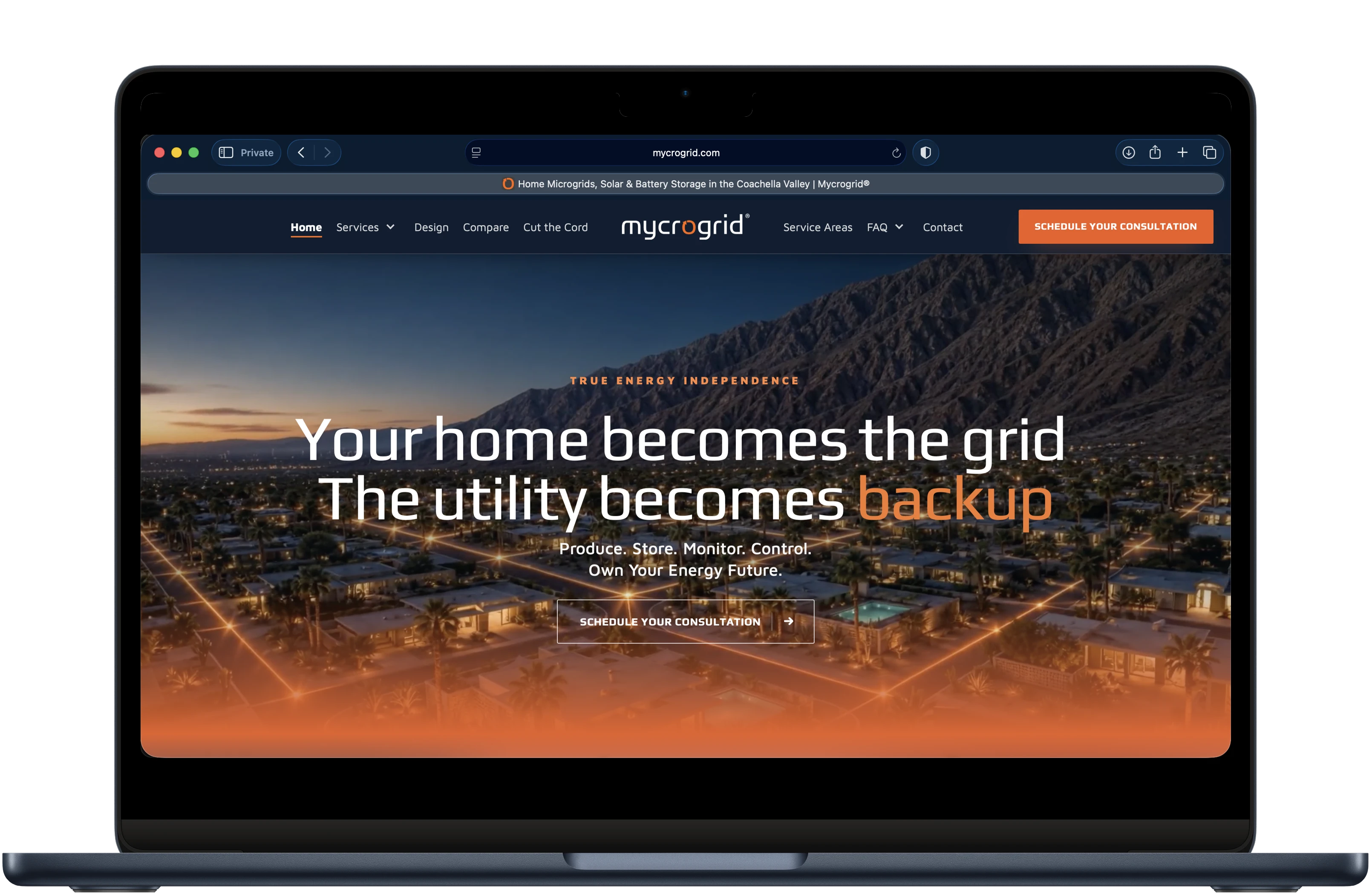 Mycrogrid homepage shown in a MacBook mockup with the browser bar visible