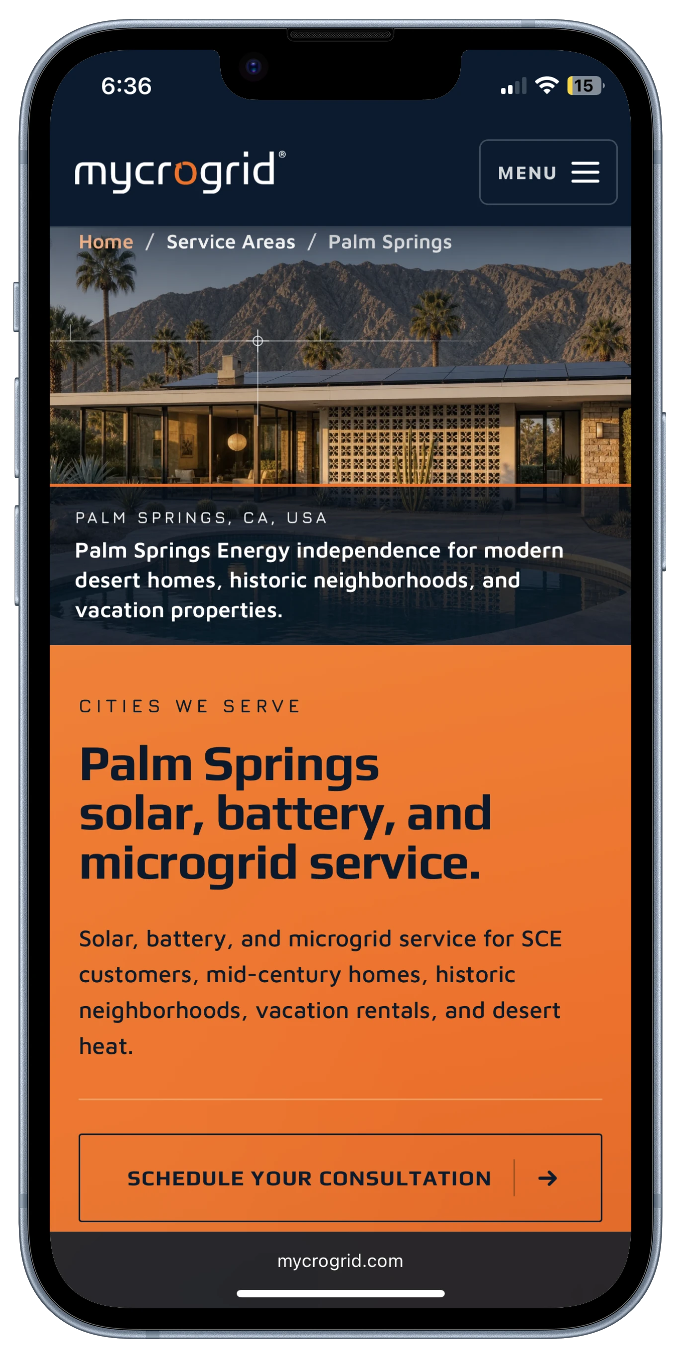 Mycrogrid Palm Springs service-area page shown inside a blue iPhone mockup