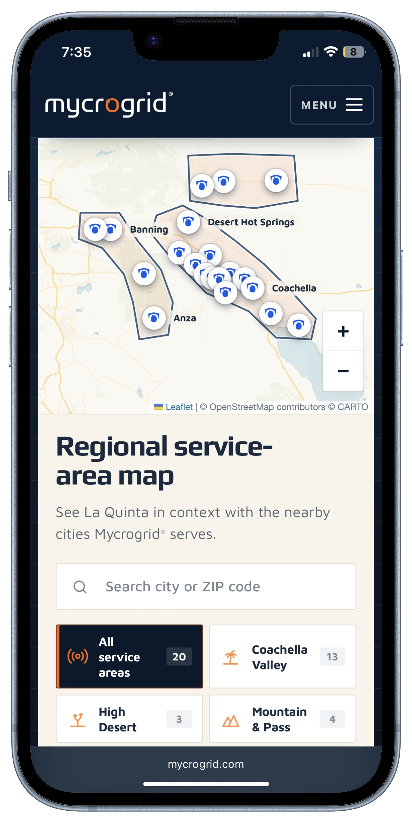 Mycrogrid regional service-area map shown inside a blue iPhone mockup