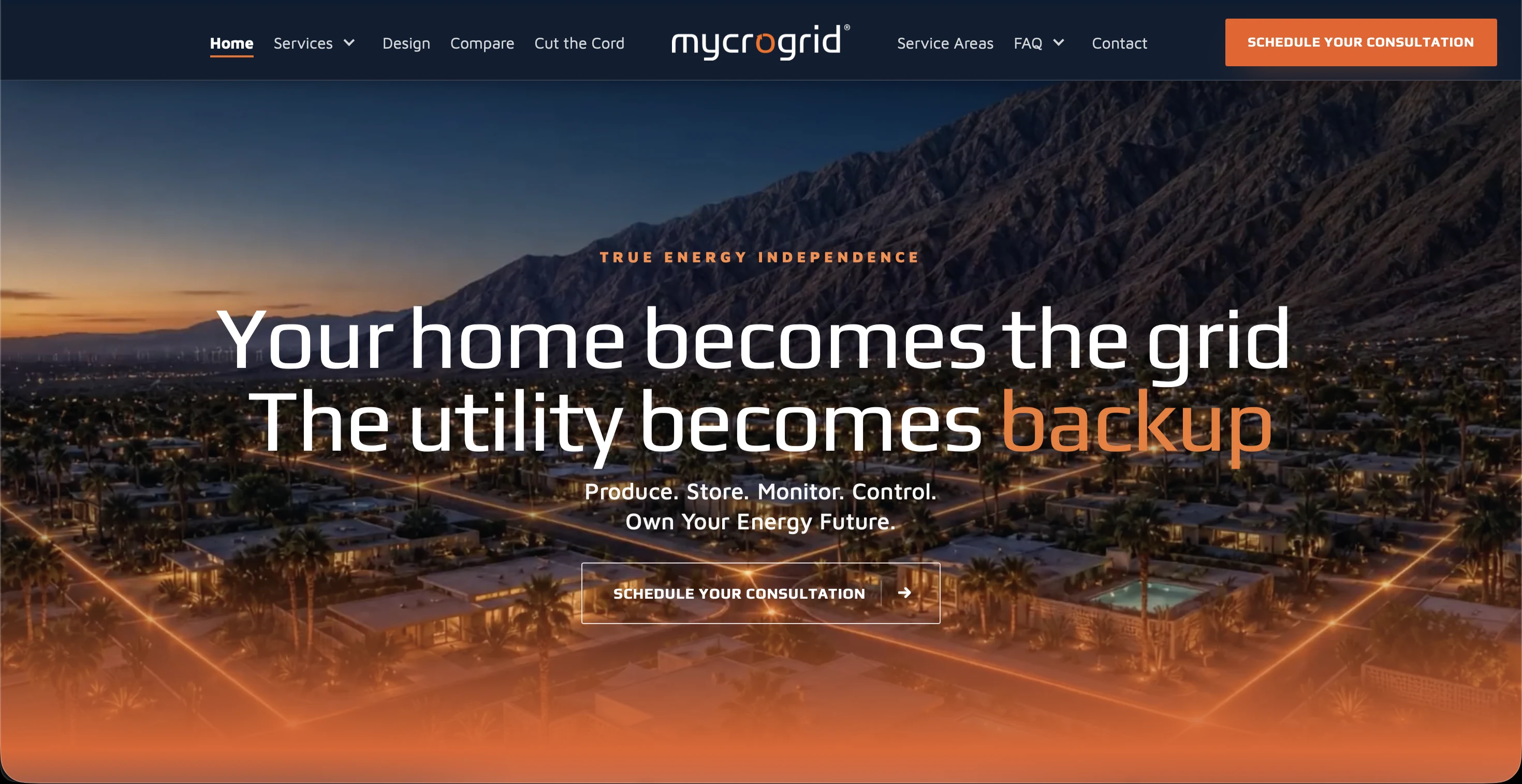 Mycrogrid redesigned homepage hero with a connected desert neighborhood at dusk