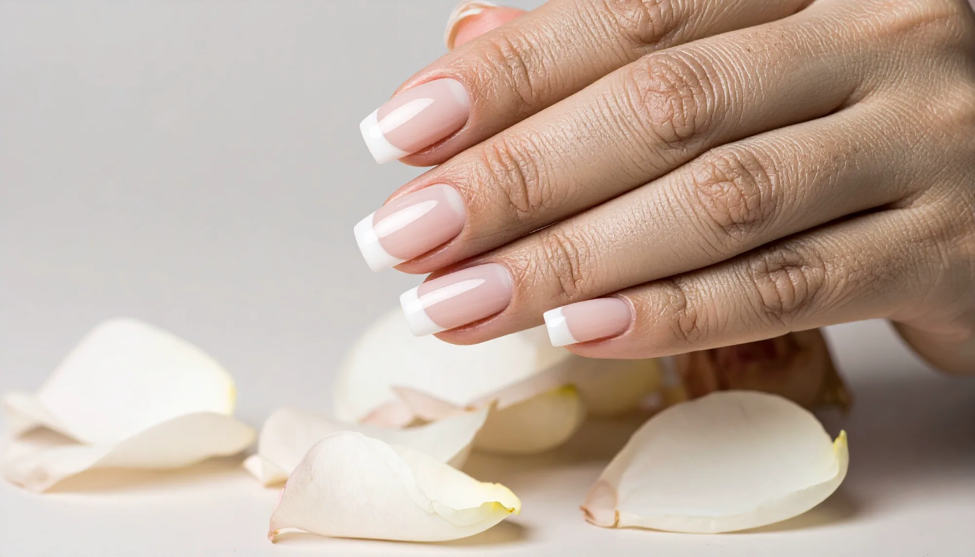 Bridal gloss manicure with soft French tips over scattered white petals