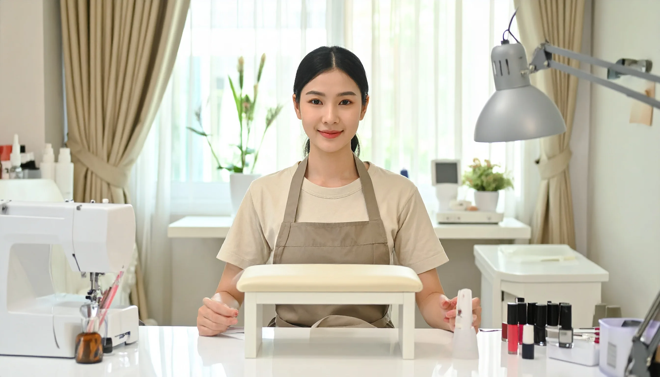 Nail artist seated at a manicure station