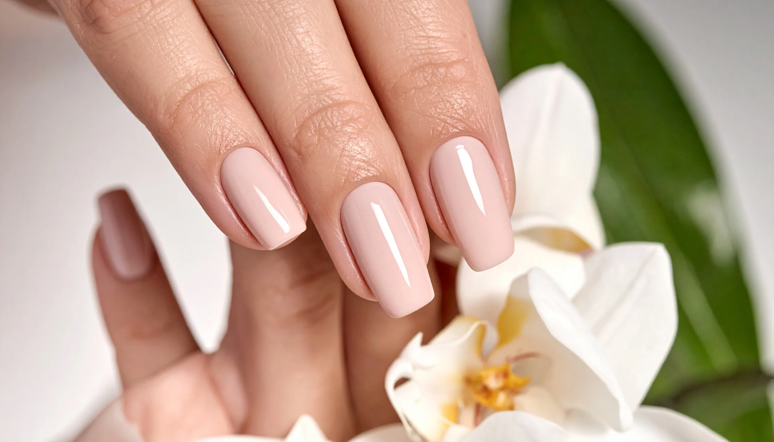 Glossy nude square manicure beside a white orchid