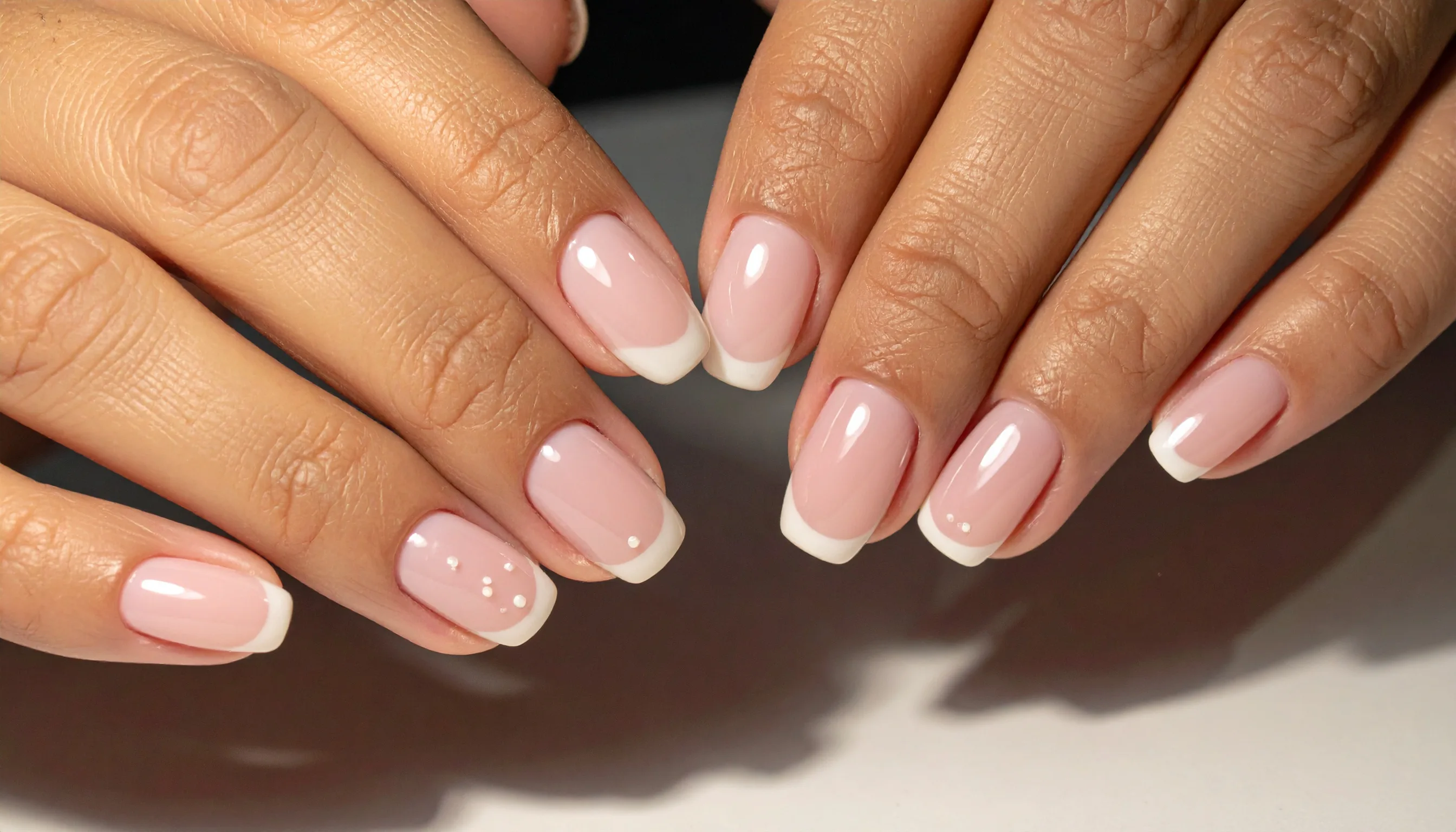 Soft pink French manicure with tiny pearl accents