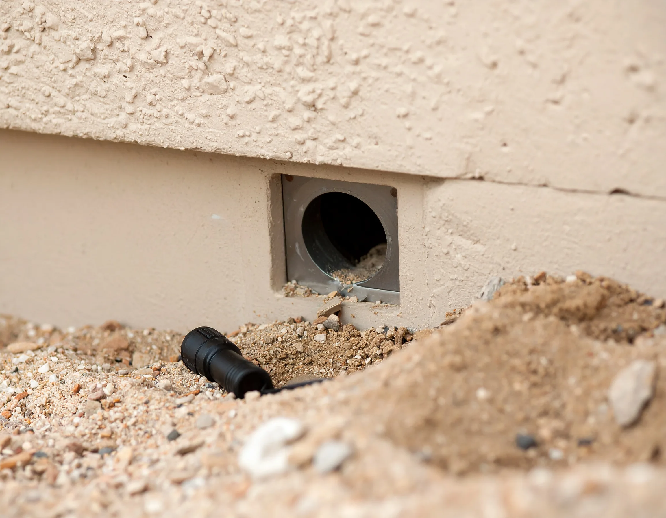 Close-up of a small rodent entry point at the base of a home.