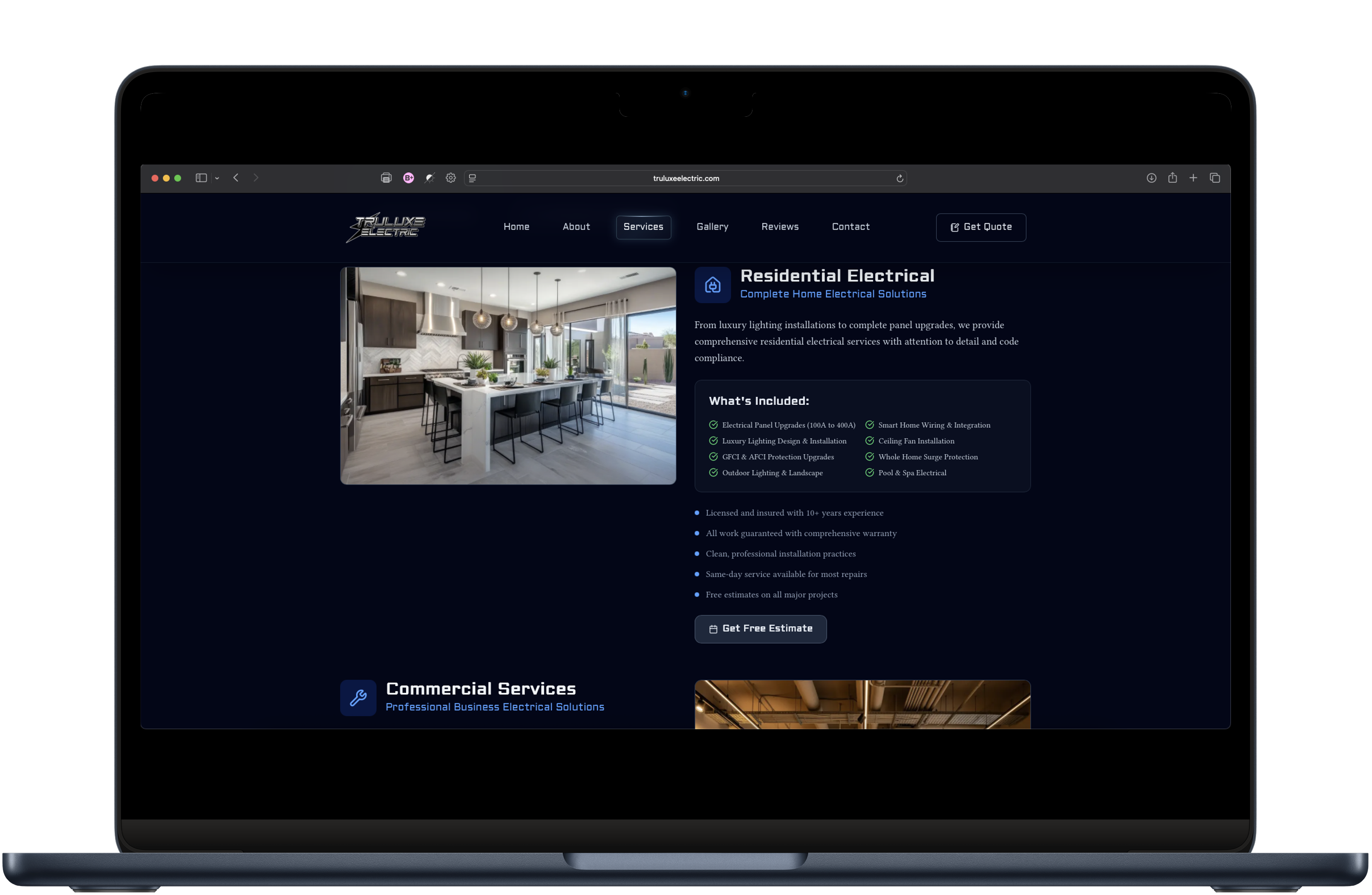 TruLuxe Electric services page shown in a MacBook mockup
