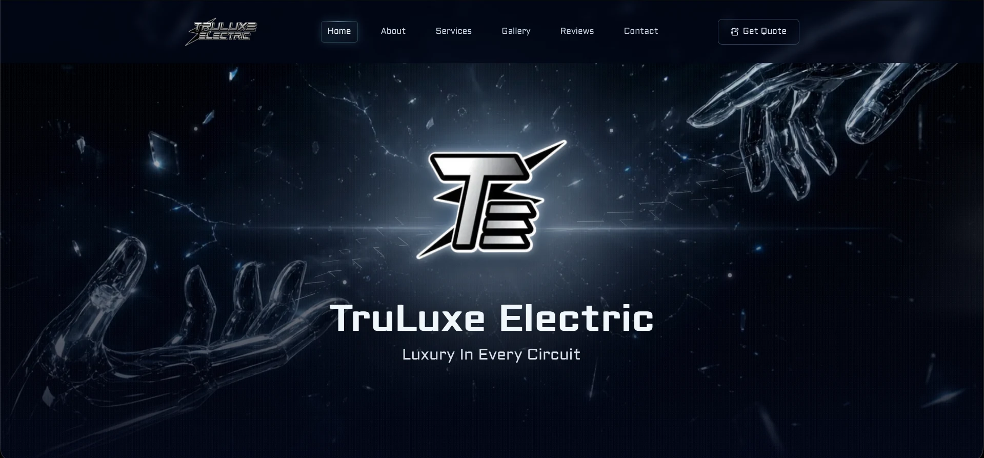 TruLuxe Electric current homepage featuring the chrome TE mark on a cinematic dark background