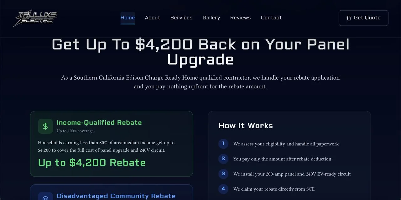 TruLuxe Electric homepage promotional section for Charge Ready rebate messaging