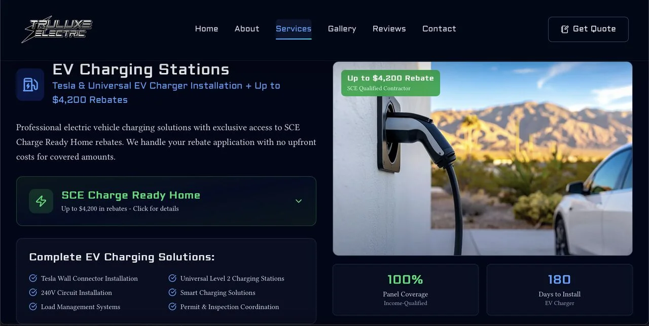 TruLuxe Electric services page promotional integration for EV charging rebate messaging