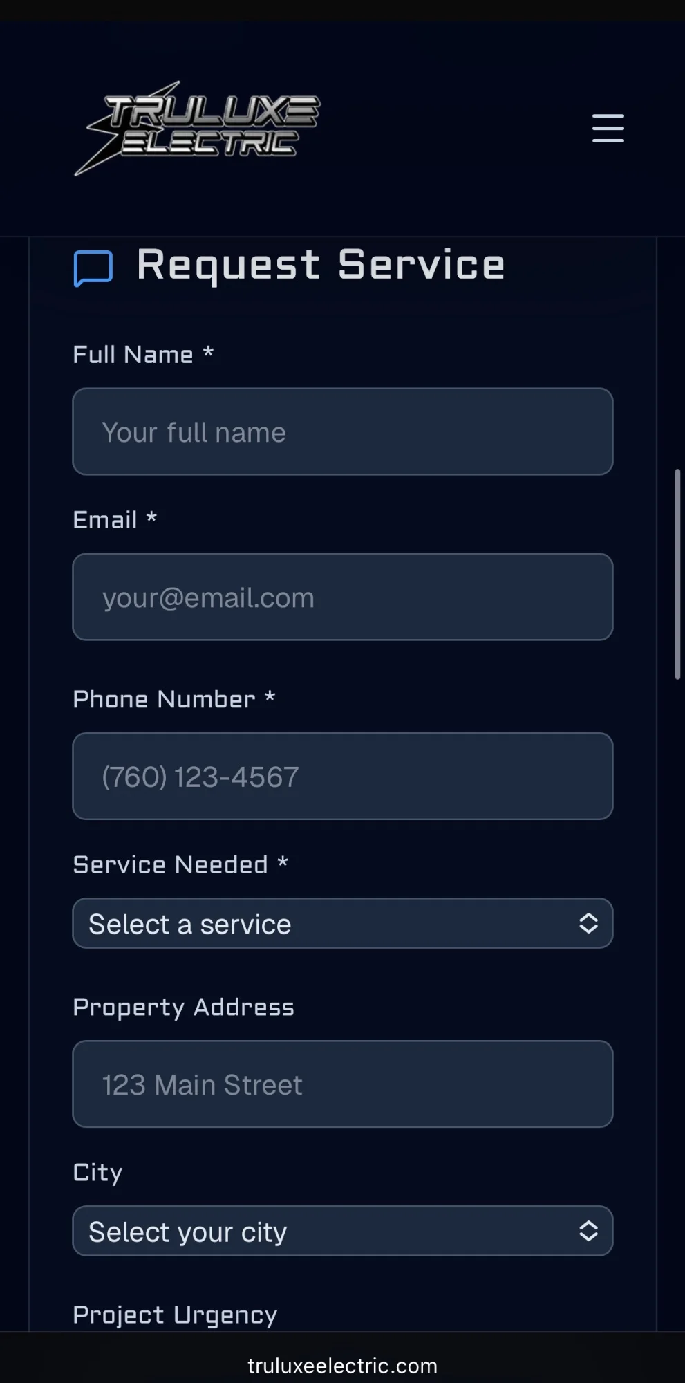 TruLuxe Electric request service form on mobile