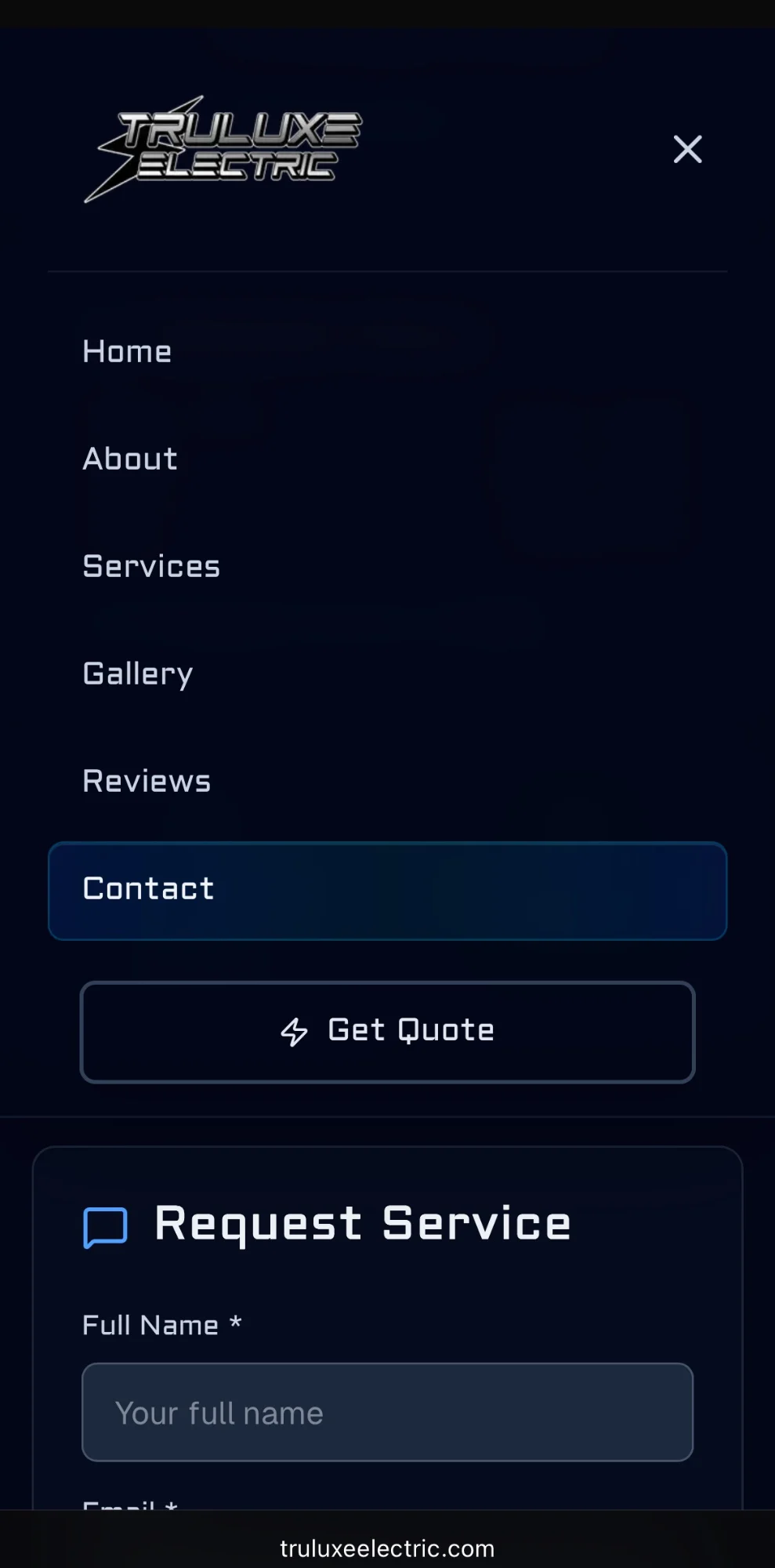 TruLuxe Electric navigation menu on mobile