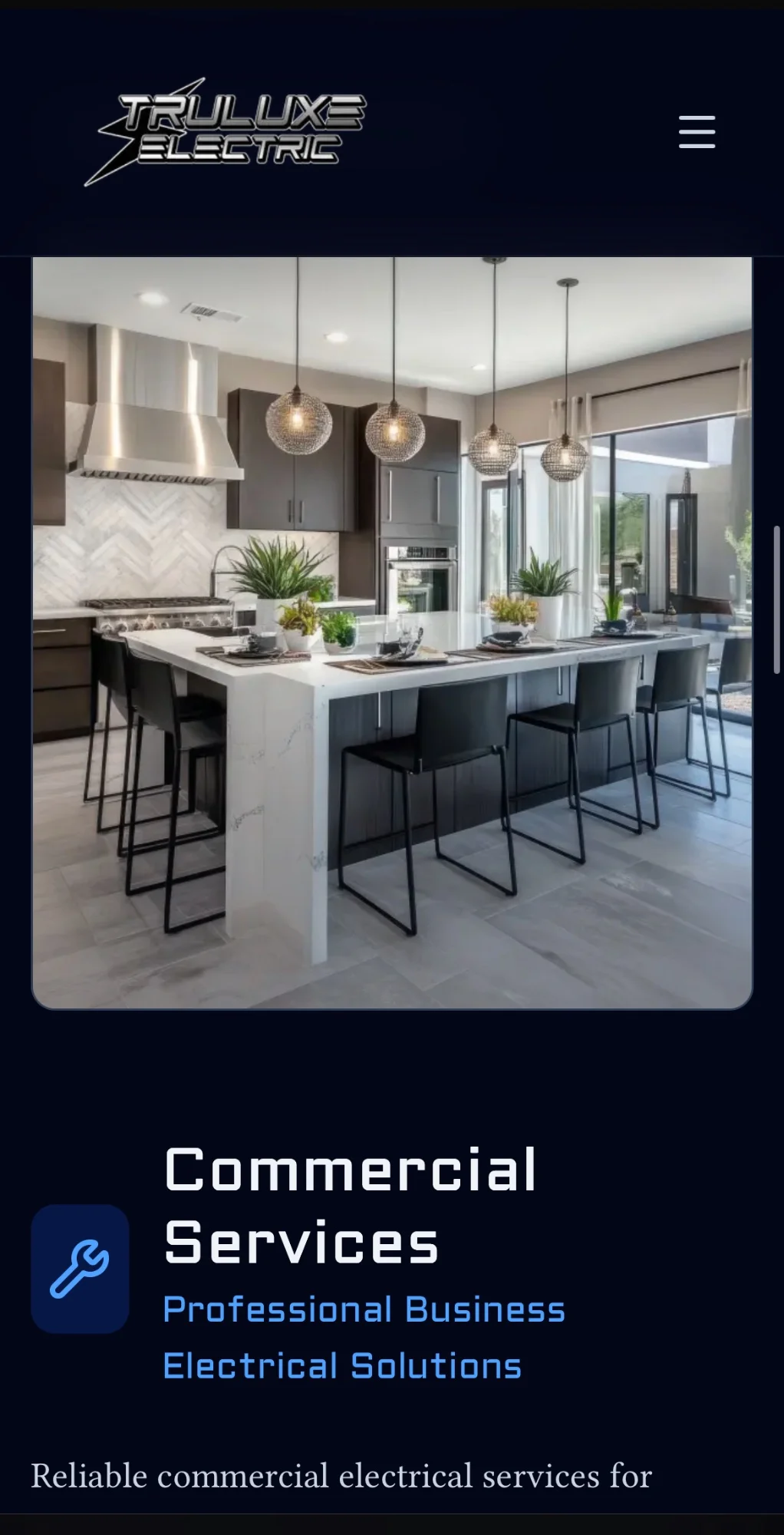 TruLuxe Electric services page on mobile