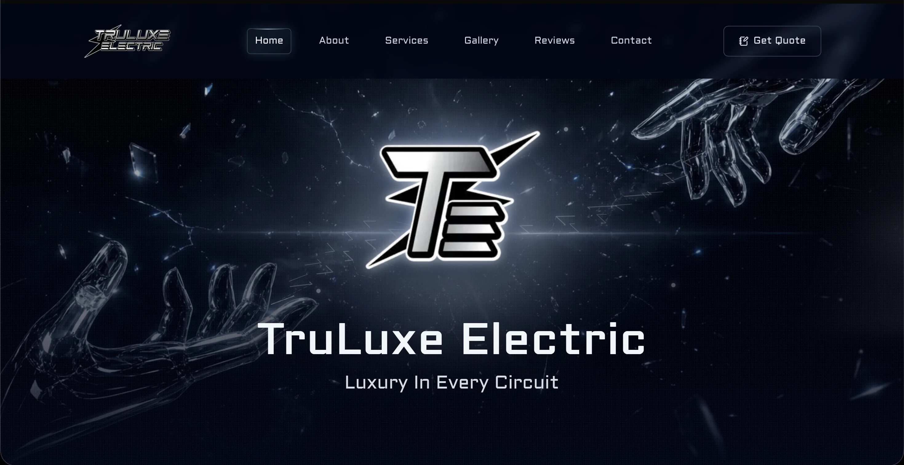 TruLuxe Electric homepage hero with chrome TE logo and Luxury In Every Circuit tagline