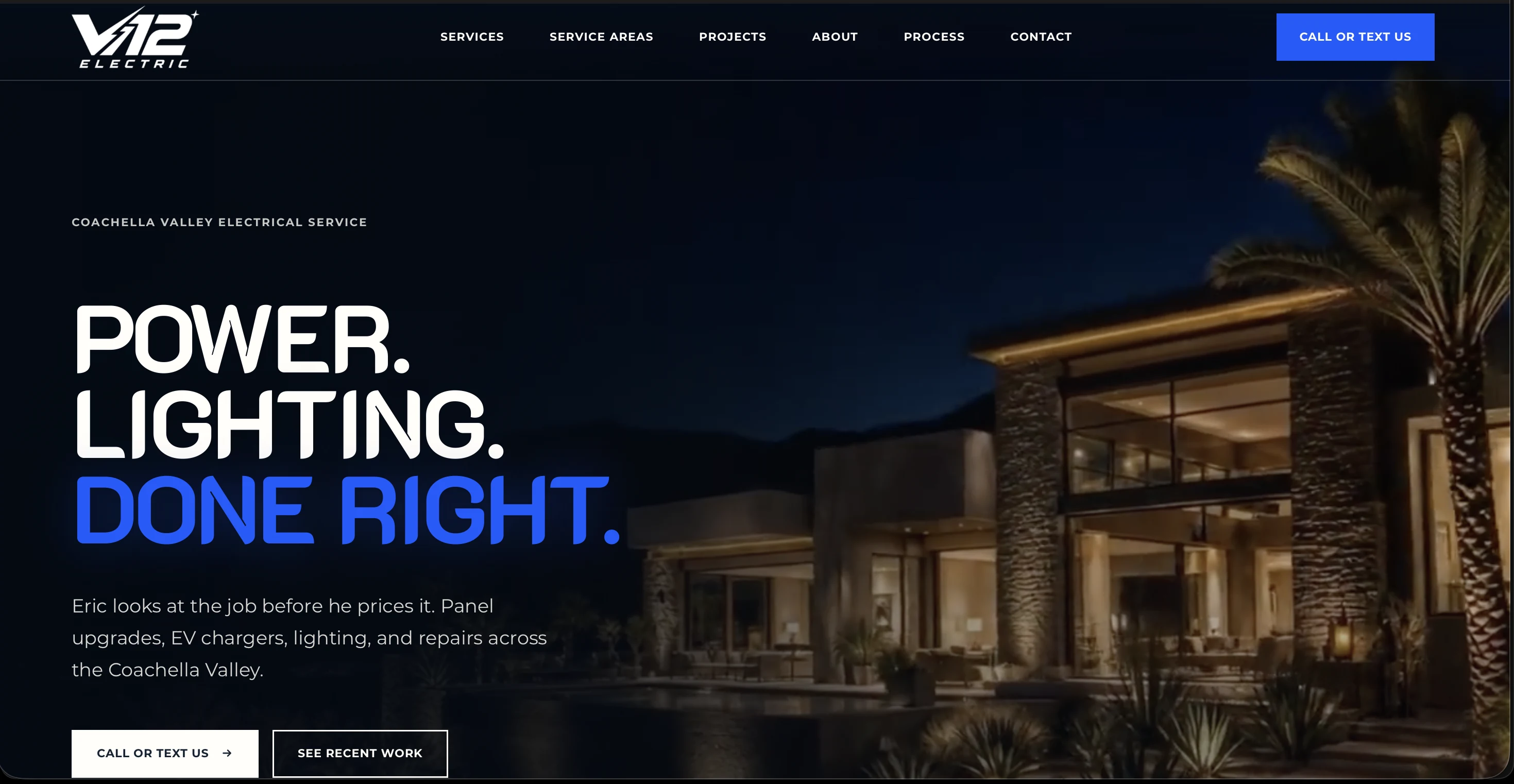 V12 Electric homepage hero with the V12 Electric logo, a lit home, and a call or text us button